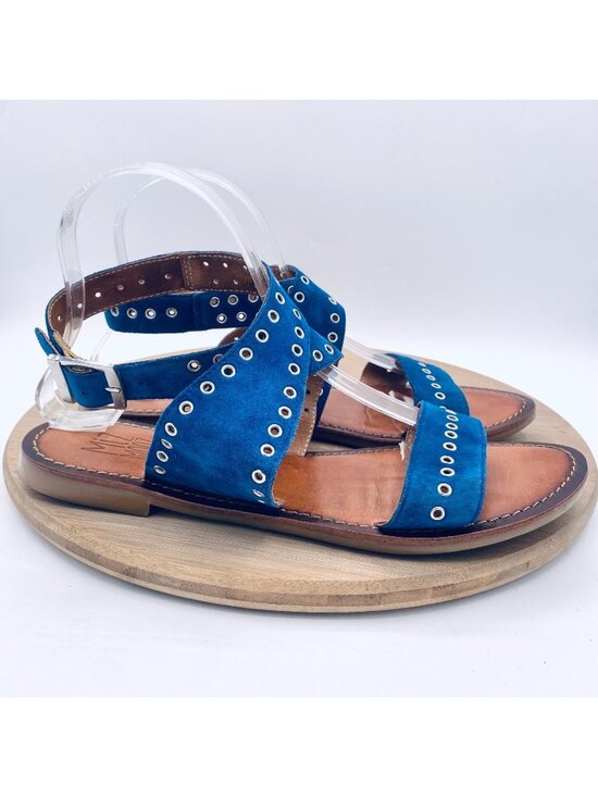 Miz Mooz Shoes - Miz Mooz Sandals Womens 8.5 Blue Leather Ankle Strap Studded Flats Peep